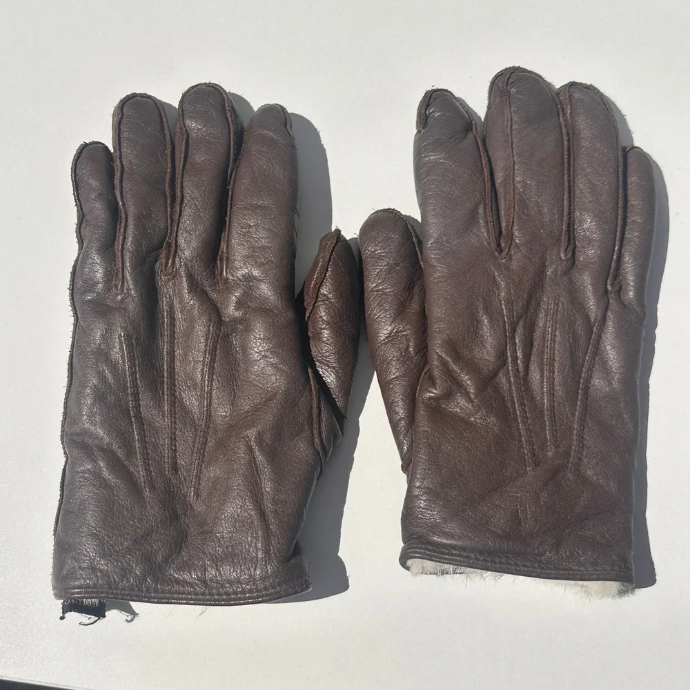 Vintage Dark Brown Leather Gloves Fur Lined Winter Warm Dress Gloves Women Small